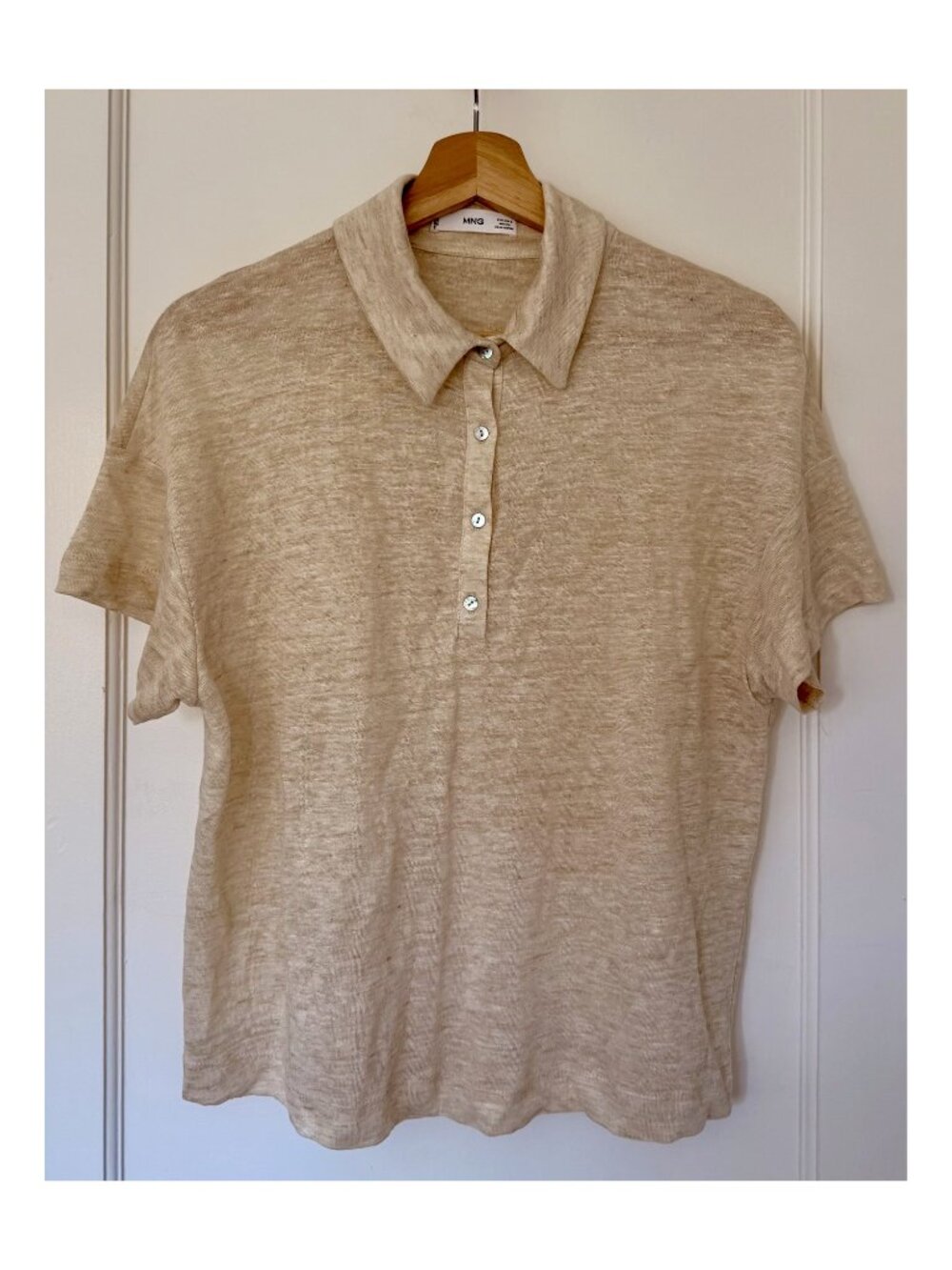 Mango MNG Oatmeal Beige Linen Polo Shirt Short Sleeve Size S
